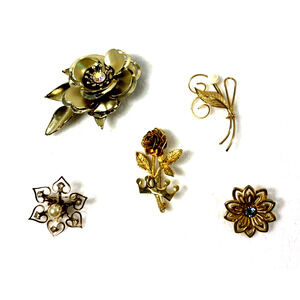 Lot of 5 Floral Pin Brooches Womens Goldtone Vintage Jewelry Gift